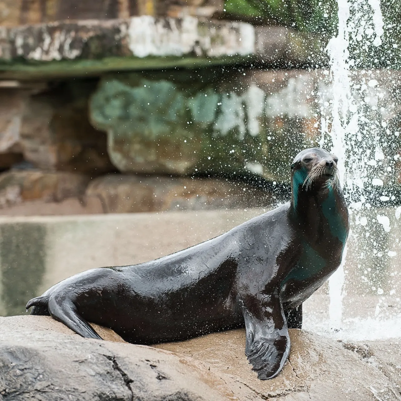 California Sea Lion laying on a rock with a fountain in the background.